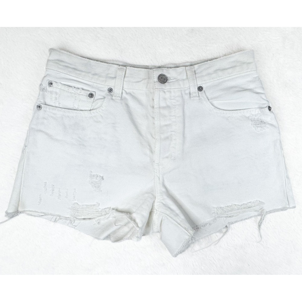 We The Free Free People Denim Shorts 27 White Distressed High Rise Cutoff Button